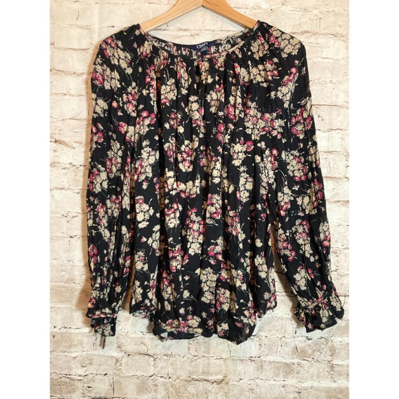 CHAPS Peasant Top Womens 1X Black Floral Dark Romantic Bell Sleeve Plus Boho - Picture 1 of 12